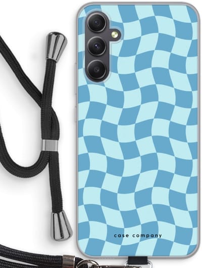Case Company® - Hoesje met koord geschikt voor Samsung Galaxy A34 hoesje met Koord - Grid Blauw - Telefoonhoesje met Zwart Koord - Bescherming aan alle Kanten en Over de Schermrand