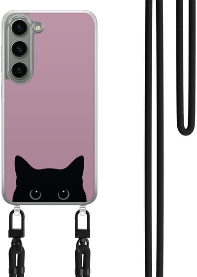 Hoesje met koord geschikt voor Samsung Galaxy S23 - Zwarte kat - Inclusief Zwart koord - Crossbody beschermhoes - Transparant, Roze - Mooie Telefoonhoesjes