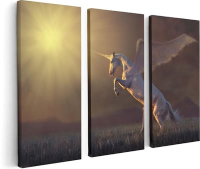 Artaza Canvas Schilderij Drieluik Eenhoorn met Vleugels in het Gras - 120x80 - Foto Op Canvas - Canvas Print