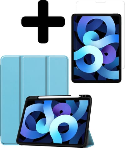 Hoesje - Geschikt voor Apple iPad Air 4 (2020) - 10.9 inch - 4e Generatie - Met Screenprotector - Trifold Bookcase Hoes - Hard Cover Case - Met Uitsparing Geschikt voor Apple Pencil - Hardcover Book - Tablethoes - Lichtblauw