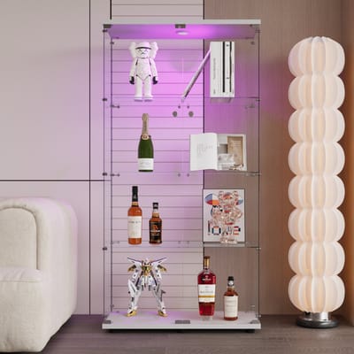 Glazen vitrinekast 4 planken met 2 deuren, LED-verlichting Vloerstaande Curio Boekenplank voor Woonkamer Slaapkamer Kantoor, 163,9x80,4x36,4cm, Wit