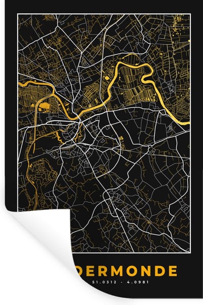Muurstickers - Sticker Folie - Dendermonde - Goud - Kaart - Stadskaart - Plattegrond - 20x30 cm - Plakfolie - Muurstickers Kinderkamer - Zelfklevend Behang - Zelfklevend behangpapier - Stickerfolie