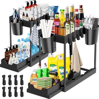 Opslag onder de gootsteen, keuken, 2 niveaus, 2 stuks, rek met 8 haken en 4 hangende wastafels, lade-organizer