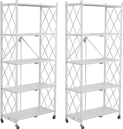FOXSPORT Inklapbare stellingkast -5 plank kast - Opbergplanken - Met 360° wielen - 2 stuks - Open Vakkenkast - Keuken Opslag - Keuken Organizer - Stevig Opbergrek Magnetron - Keukenrek - Industrieel - 71.5x36.5x163cm - Wit