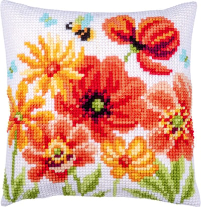 Vervaco - Kruissteekkussen kit Klaprozen en wilde bloemen - PN-0229215 - Borduren - Borduurpakket - Borduurpakket volwassenen - Borduurpakket kind