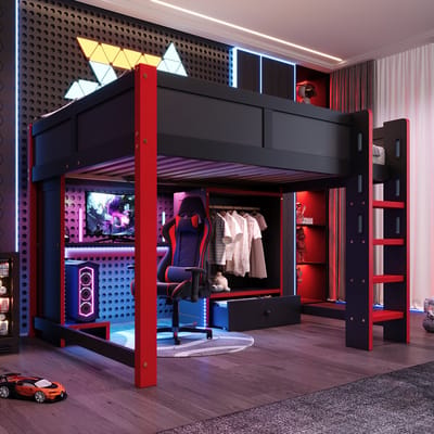 Hoogslaper - 140x200 cm - Gaming Design met Bureau en Kledingkast - Zwart/Rood