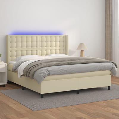 vidaXL - Boxspring - met - matras - en - LED - kunstleer - crèmekleurig - 180x200 - cm