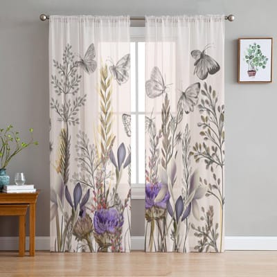 Vintage Kruiden Bloemen Vlinder Transparante Gordijnen Voor Woonkamer Slaapkamer Tule Gordijnen Keuken Raambekleding Paneel Draperieën 135W x 114H(cm) white
