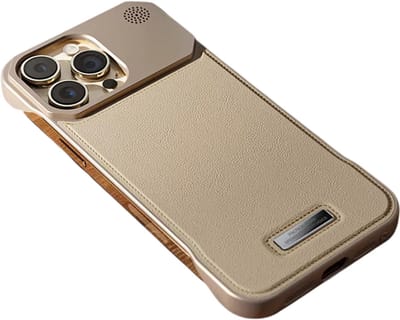 Hoesje van Leer geschikt voor iphone 17 – Luxe Magnetisch Hoesje met Aromatherapie, Draadloos Opladen en Randloos Design – Volledige Bescherming - Goud