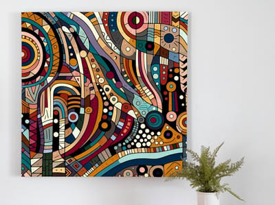 Abstract aboriginal schilderij | Inheemse inspiratie: Dromerige dans van kleur en symbolen | Kunst - 30x30 centimeter op Dibond | Foto op Dibond