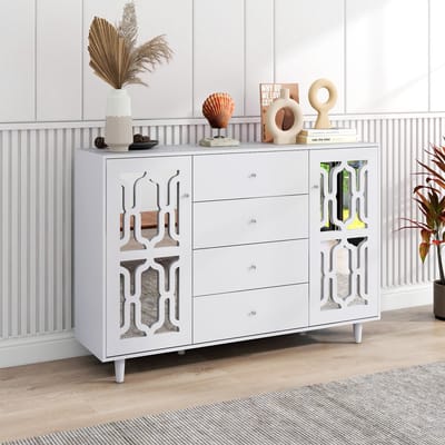 DESMIU Dressoir - Spiegelend Design Met 2 Deuren En 4 Laden - Voor Woonkamer En Eetkamer - MDF - 147,5 x 40 x 102 Cm - Wit