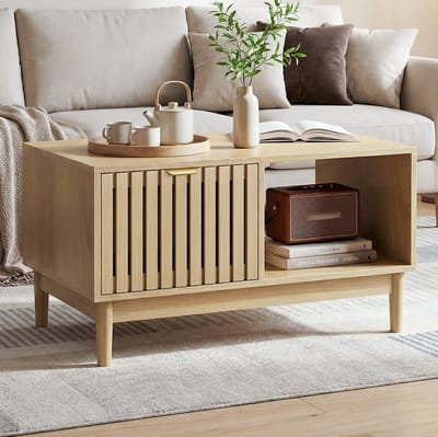 OKWISH Salontafel - Met Lade en Open Vakken - Voor Woonkamer - Eikenkleur Houtlook - 80 x 50 x 45 cm
