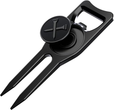 Blue Tees Golf - 6-IN-1 Divot Tool - Ultiem gereedschap voor de green - Divot grasreparatie - Balmarker - Club Tee - Groefreiniger - Flesopener - Uitlijningstool voor putting - Zwart