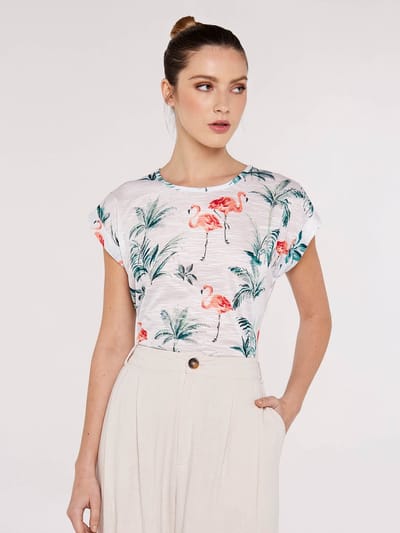T-shirt met flamingo- en palmbomenprint