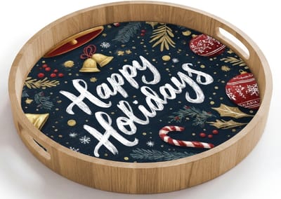 Dienblad rond 40x40 cm - Schootdienblad hout - Feestelijk - Kerstgroet - Kleurrijk - Borrelplank rechthoek - Plateau houten dienbladen