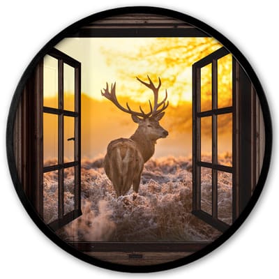 Poster in lijst Rond - Fotolijst 40x40 cm - Posters - Hert - Herfst - Dieren - Natuur - Bos - Doorkijk - Ronde posterlijst zwart - Decoratie - Wanddecoratie woonkamer - Muurdecoratie slaapkamer