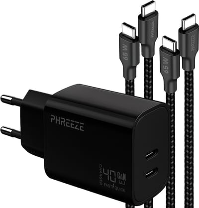 Phreeze usb C oplader 40 W - Dual usb C poorten - Power Delivery GaN charger met 2 usb C naar usb C kabels 1 m - Laptop oplader usb C - Snellader voor telefoon, tablet, laptop, powerbank, speaker en camera - Oplaadset met twee kabels
