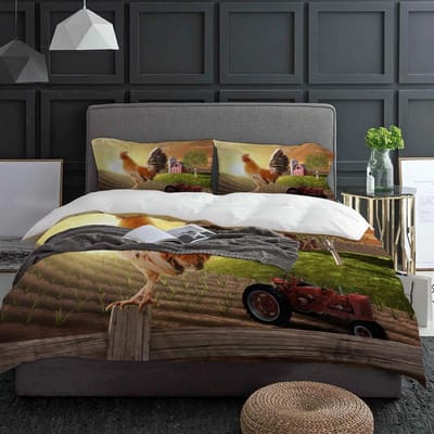 Ensemble de literie Tracteur Ferme Coq 3 pièces Garçons Filles Housse de couette Taie d'oreiller Enfants Adulte Housse de couette Ensemble Lit Double Textile de Maison 140x200cm 3pcs