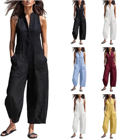 Damesjumpsuit – Zomerse mouwloze romper met wijde pijpen – Stijlvolle, casual overall met knoopsluiting en losse pasvorm – Met zakken – Zwart – XL