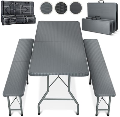 Blumtal Opvouwbare Picknicktafel - Biertafel met banken - Vouwtafel - 8 personen - Campingtafel set - Grijs - Rattan look
