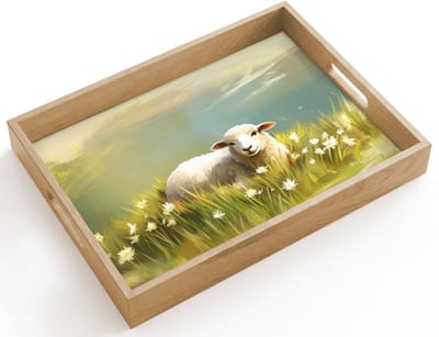 Dienblad hout 40x30 cm - Schootdienblad - Schaap - Weide - Groen - Borrelplank rechthoek - Plateau dienbladen