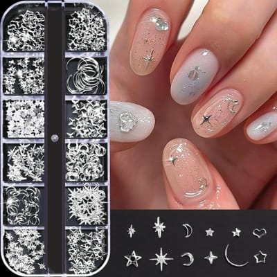 12 Compartiments Charms Métalliques Lune Étoile Dorés pour Ongles Bijoux 3D Y2K Strass Bille d'Acier Décoration Nail Art Manucure Fourniture Manucure DIY