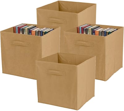 Urban Living Opbergmand Square Box - 4x - karton/kunststof - 29 liter - beige - 31 x 31 cm - Vakkenkast