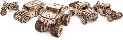 Eco Wood Art Voertuigen Set Monster Truck, Prerunner, Dragster, Hot Rod en Bike