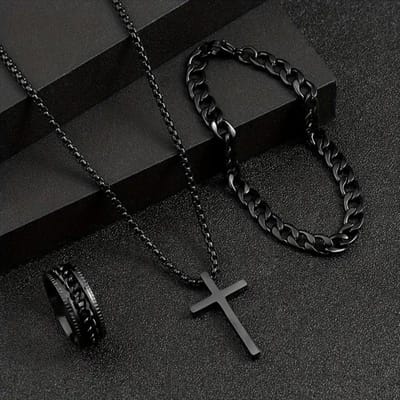 3 stuks/set Punk Zwart Kruis Hanger Ketting Dikke Schakel Armband Ring Mode Zirkoon Sets Mannen voor Herfst zwart