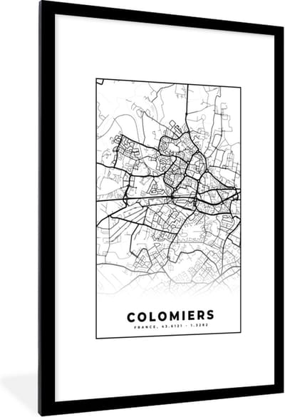 Fotolijst incl. Poster Zwart Wit- Frankrijk - Kaart - Plattegrond - Colomiers - Stadskaart - Zwart wit - 80x120 cm - Posterlijst