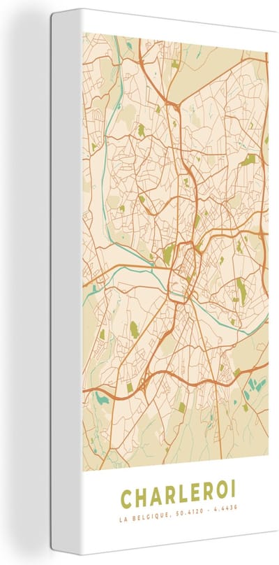 Canvas Schilderij Kaart - Plattegrond - Stadskaart - België - Charleroi - 20x40 cm - Wanddecoratie
