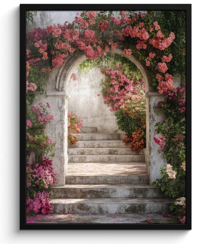 Poster in lijst - Fotolijst 50x70 cm - Posters - Doorkijk - Rozen - Vintage - Poort - Posterlijst zwart - Decoratie - Wanddecoratie woonkamer - Muurdecoratie slaapkamer