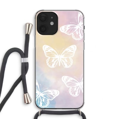 Case Company® - Hoesje met koord geschikt voor iPhone 12 mini hoesje met Koord - White butterfly - Telefoonhoesje met Zwart Koord - Bescherming aan alle Kanten en Over de Schermrand
