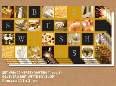 Kerstkaarten Goud en zwart - 10 stuks - met enveloppen