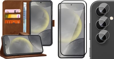 Hoesje geschikt voor Samsung Galaxy S24 - Screenprotector Volledig Dekkend Glas & Camera - Portemonnee Book Case Bruin