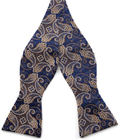 Zijden zelfbinder vlinderdas met blauw en goud paisleymotief