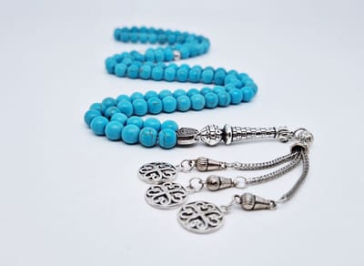 Handgemaakte tesbih "Tasbih" natuursteen "Turkoois" - Aantal kralen 99 - Diameter kralen 8MM - met metaal tassel "Arabesk" - Een mooi cadeau-idee