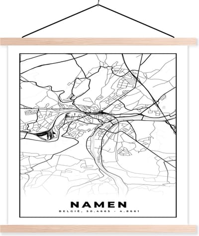 Posterhanger incl. Poster 40x40 cm - Schoolplaat - Stadskaart – Plattegrond – België – Zwart Wit – Namen – Kaart - Textielposter - Blanke latten - Stadskaart