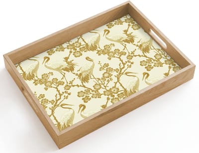 Dienblad hout 40x30 cm - Schootdienblad - Kraanvogels - Kersenbloesem - Goud - Borrelplank rechthoek - Plateau dienbladen