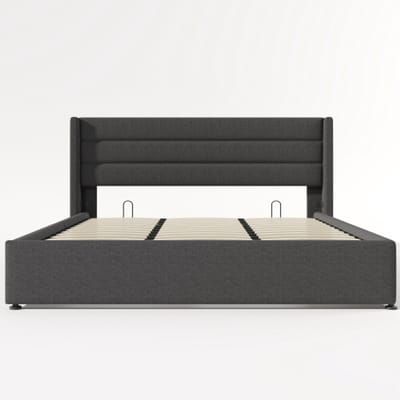 Tweepersoonsbed zonder matras Geschikt voor een matras van 214.5 x 193.5 x 114 cm Voorzien van opbergruimte, grijze kleur, linnen stof, hydraulisch opbergsysteem, houten lattenbodem, metalen frame. Geschikt voor de slaapkamer.