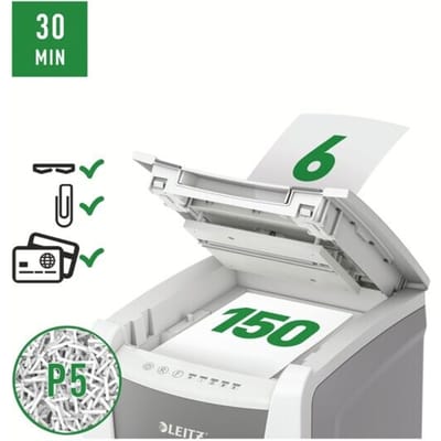 Leitz IQ Office 150 Autofeed P5 Papierversnipperaar 150 vellen Micro cut 2 x 15 mm P-5 44 l Ook geschikt voor Paperclips, Nietjes, Creditcards