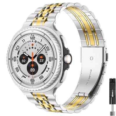 Stravo 7-rij schakels metalen bandje – Geschikt voor Samsung Galaxy Watch 9 (40/44mm) / Watch 8 (40/44mm) / 8 Classic (46mm) – Premium RVS horlogeband voor Samsung smartwatches – inclusief inkortset (Zilver / Goud)