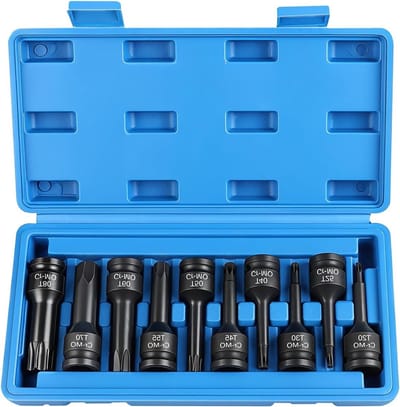 Set van 10 Torx Steeksleutels 1/2 Inch T20 - T80 voor Auto Onderhoud en Motorreparatie met Opbergdoos