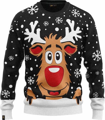 JAP Christmas Kersttrui (maat XS) - 100% Gerecycled - Kriebelt niet - Kerstcadeau volwassenen - Foute Kersttrui dames en heren - Rudolf het Rendier - Zwart