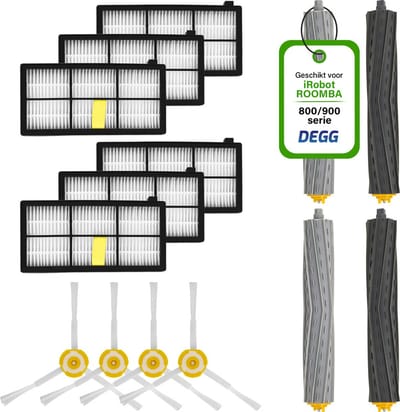 DEGG® - Onderhoudsset XL - Geschikt voor iRobot Roomba 800/900 Serie - Geschikt voor iRobot Roomba Onderdelen - 4x Roller, 6x Hepa-filter, 4x Spinner (zijborstel) - MEGAPAKKET