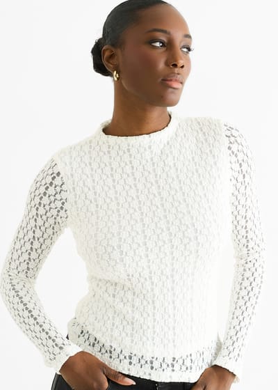 Witte top met hoge hals, jersey en kanten lange mouwen
