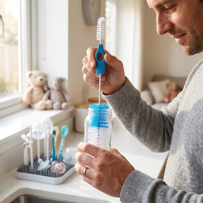 Flessenborstel en Speenborstel 2-in-1 - Babyfles Borstel 26 cm - Reinigingsborstel Voor Babyflessen, Spenen en Drinkflessen - Blauw/Wit [57096]