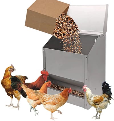 Grote Voedingsautomaat voor Kippen en Gevogelte - Roestvrij Staal, Waterdicht, Ophangbaar, 11.5kg Capaciteit