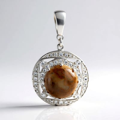 Cavill - Zilveren Hanger 925 Sterling Zilver - Dinosaurus Kwarts 10,79 ct Rond Cabochon - 56 Witte Topazen 1,05 ct - Elegant Sieraad 42x24,5 mm