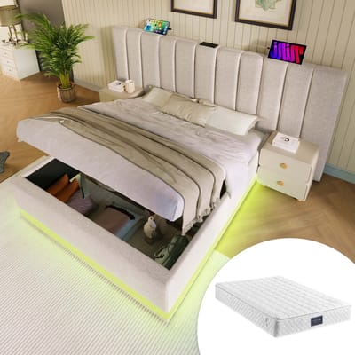 Gutent-Gestoffeerd bed 160x200 cm-tweepersoonsbed met opbergruimte-bedframe met lattenbodem-linnen-beige-met matras-zonder nachtkastje